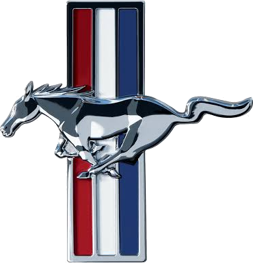 Mustang-emblem med rød, hvit og blå stripe